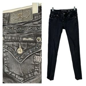 Miss Me Jeans Black Mid Rise Skinny Jeans Black Jeweled Rhinestone Sz25 Charcoal